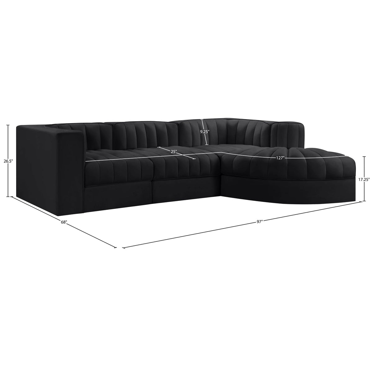 Rummi Black Velvet Performance Fabric Upholstered 4 Piece Modular Sectional Sofa