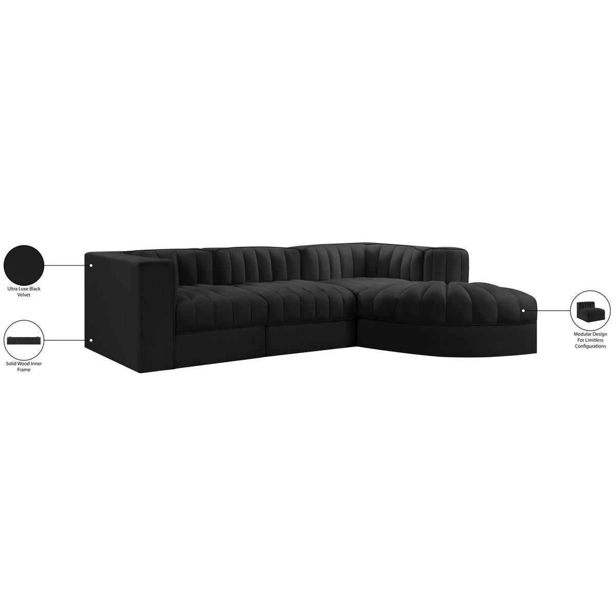 Rummi Black Velvet Performance Fabric Upholstered 4 Piece Modular Sectional Sofa