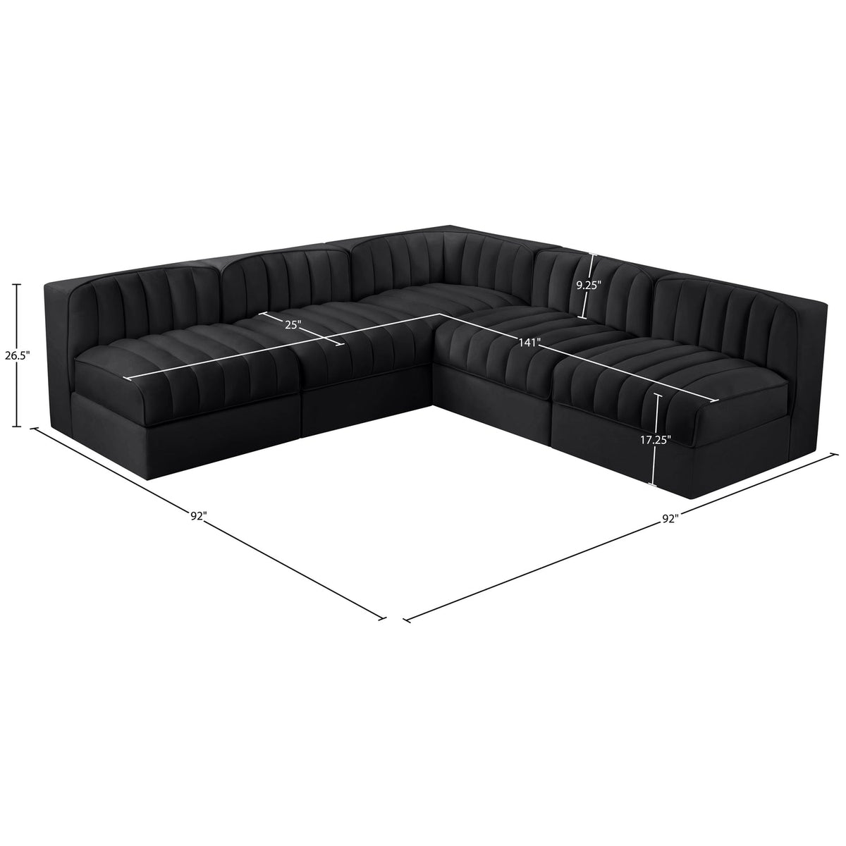 Rummi Black Velvet Performance Fabric Upholstered 5 Piece Modular Sectional Sofa
