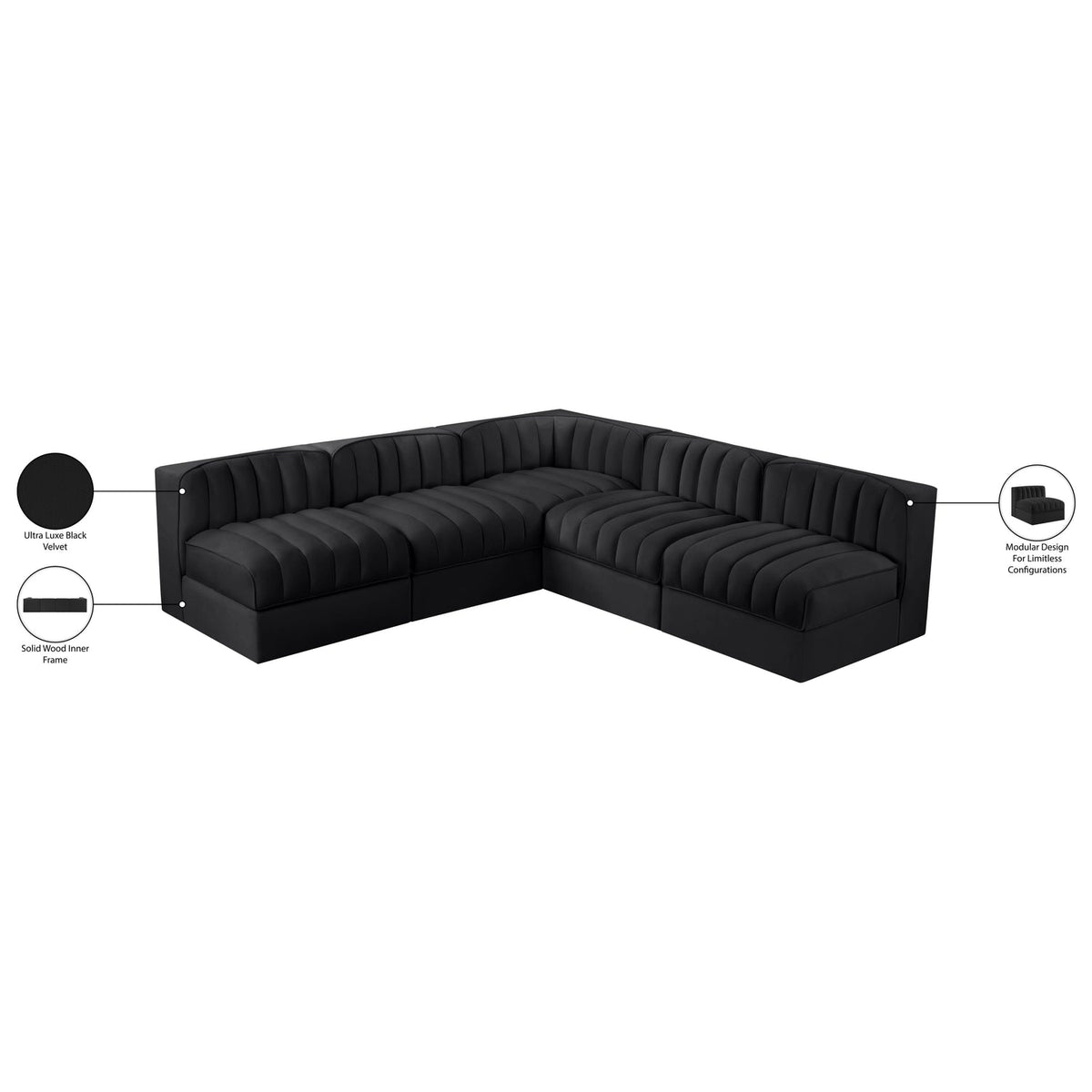 Rummi Black Velvet Performance Fabric Upholstered 5 Piece Modular Sectional Sofa
