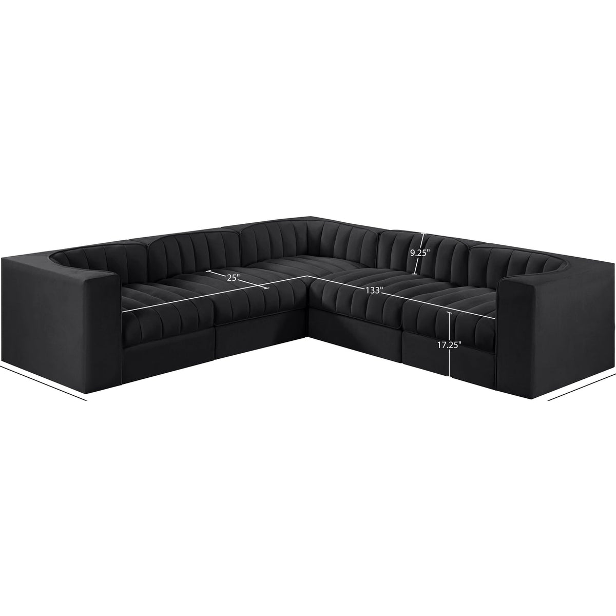 Rummi Black Velvet Performance Fabric Upholstered 5 Piece Modular Sectional Sofa