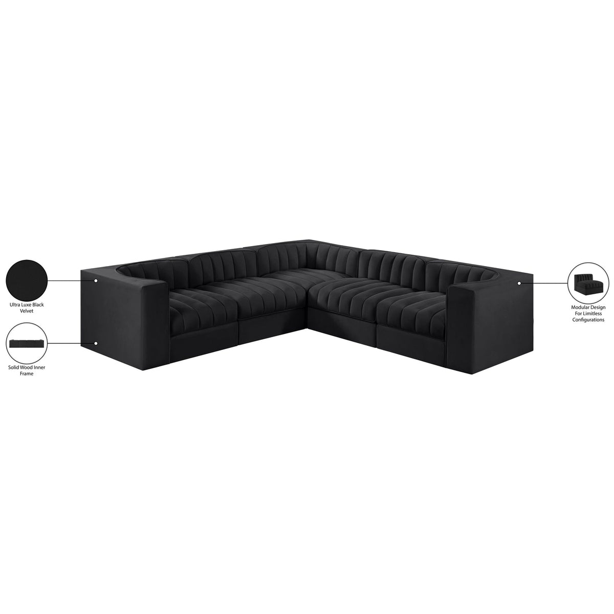 Rummi Black Velvet Performance Fabric Upholstered 5 Piece Modular Sectional Sofa