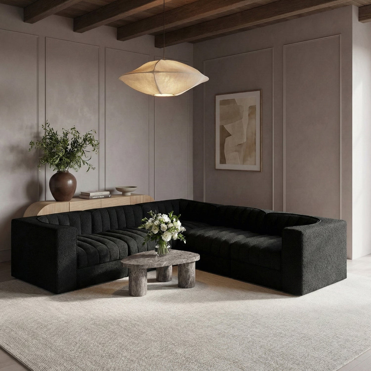 Rummi Black Velvet Performance Fabric Upholstered 5 Piece Modular Sectional Sofa