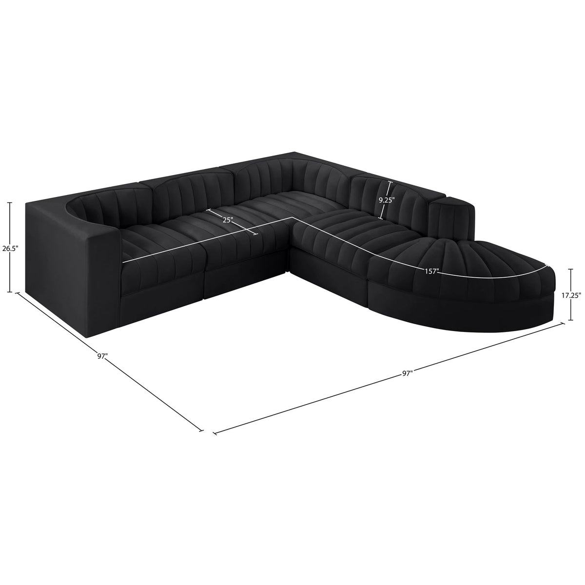 Rummi Black Velvet Performance Fabric Upholstered 5 Piece Modular Sectional Sofa