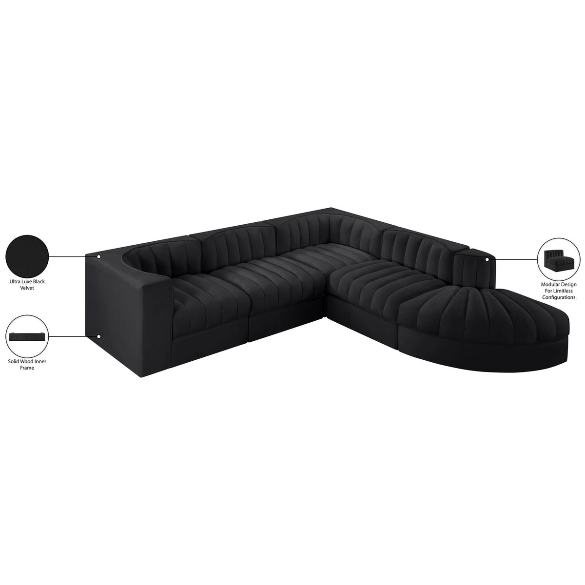 Rummi Black Velvet Performance Fabric Upholstered 5 Piece Modular Sectional Sofa