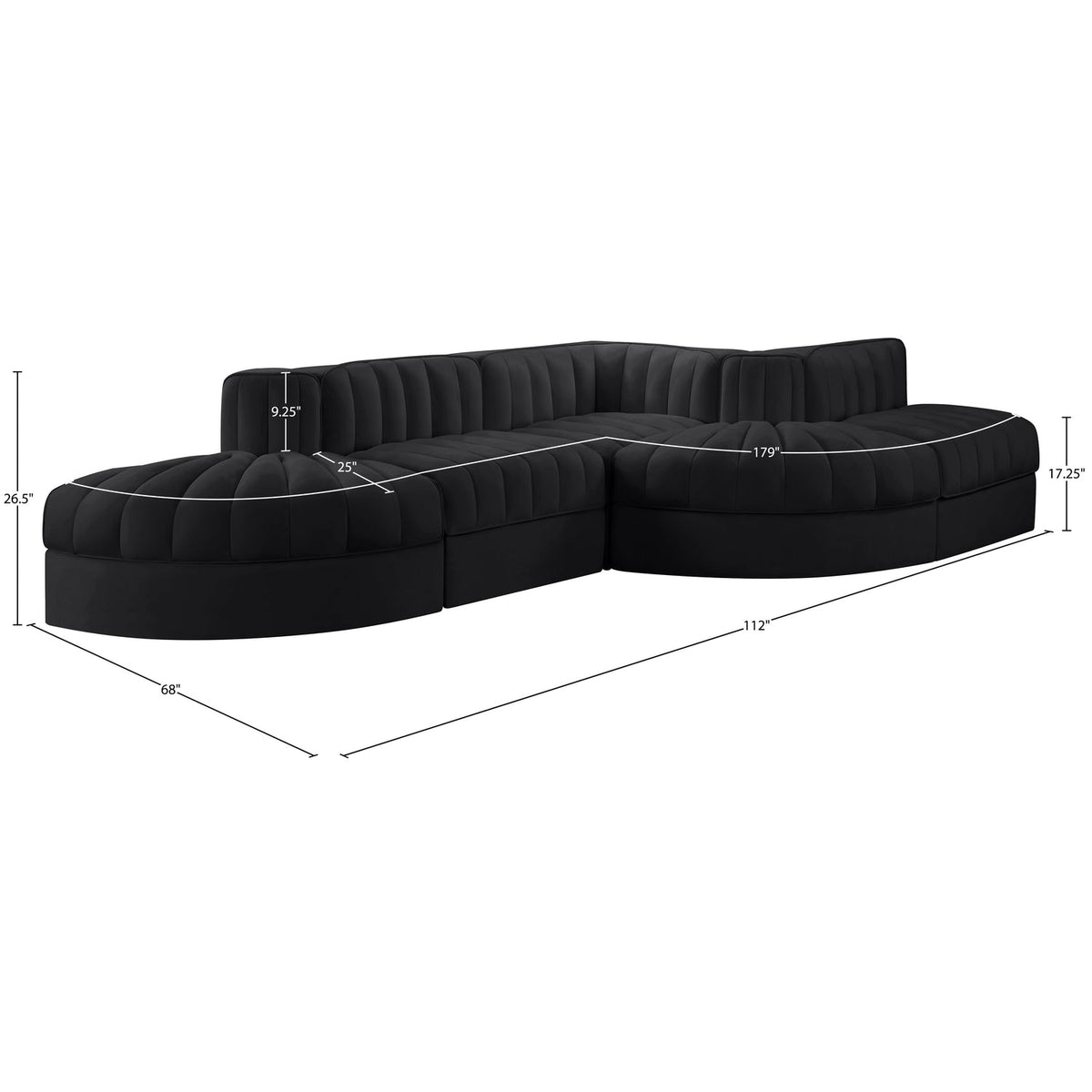 Rummi Black Velvet Performance Fabric Upholstered 5 Piece Modular Sectional Sofa