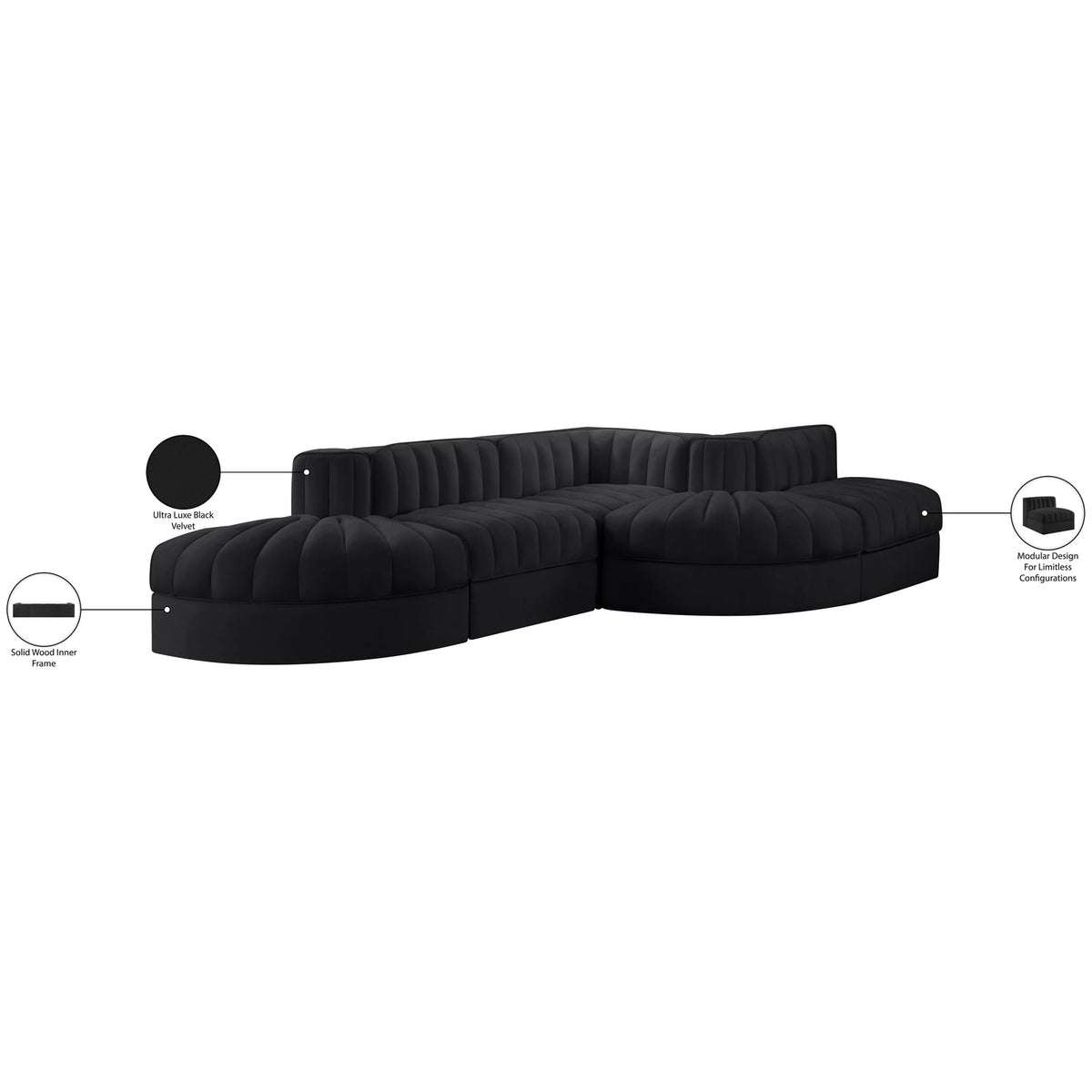 Rummi Black Velvet Performance Fabric Upholstered 5 Piece Modular Sectional Sofa