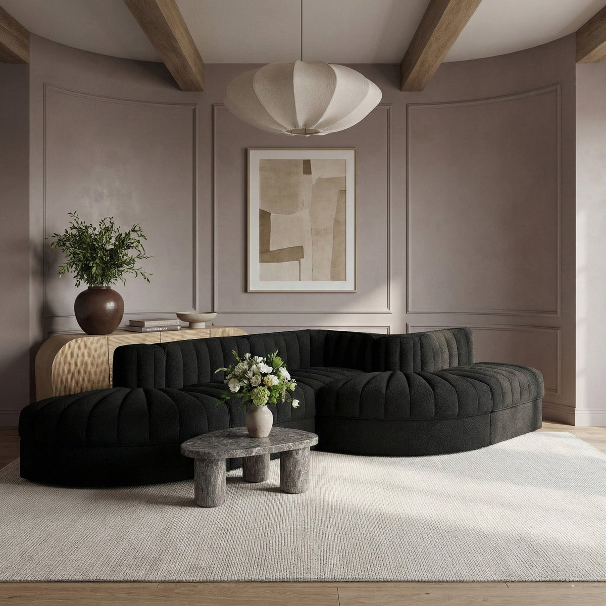 Rummi Black Velvet Performance Fabric Upholstered 5 Piece Modular Sectional Sofa