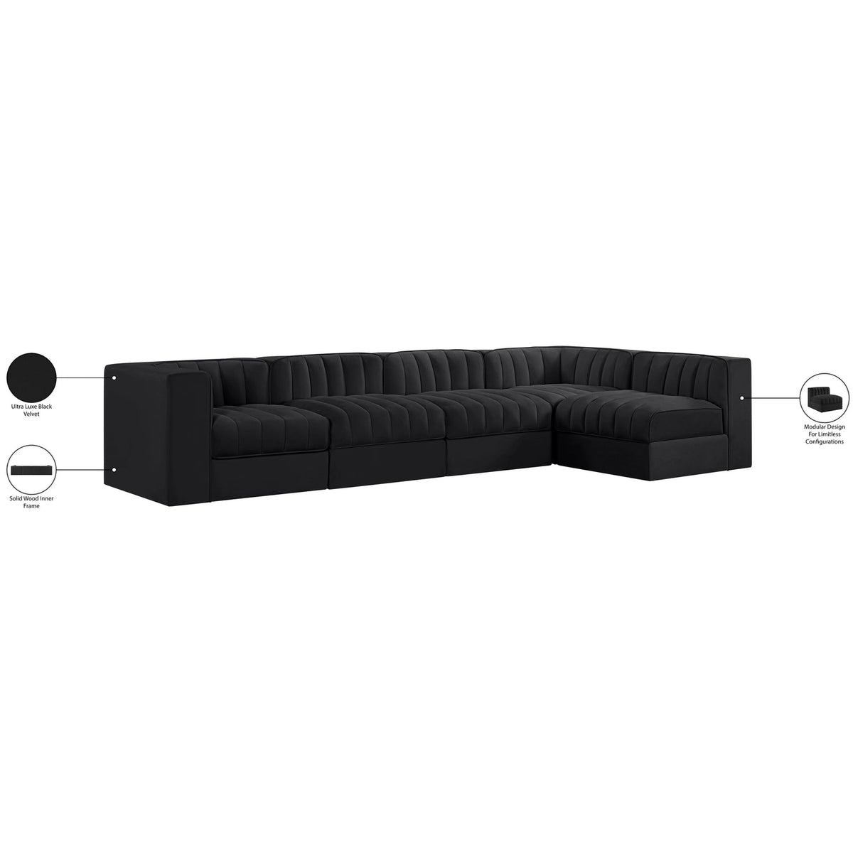 Rummi Black Velvet Performance Fabric Upholstered 5 Piece Modular Sectional Sofa