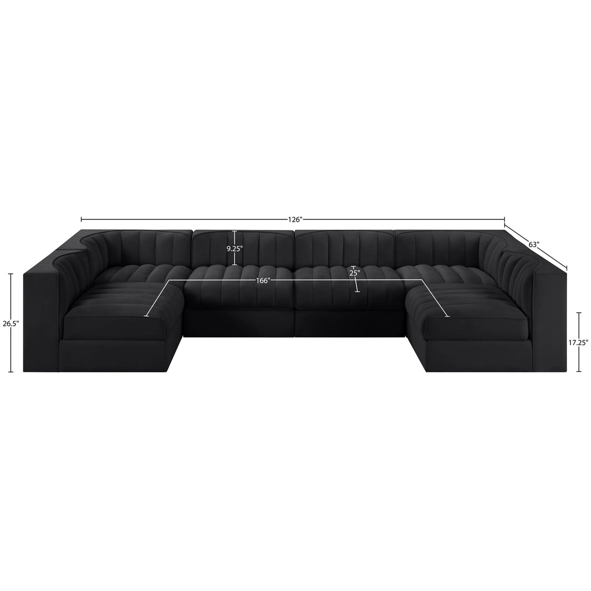 Rummi Black Velvet Performance Fabric Upholstered 6 Piece Modular Sectional Sofa