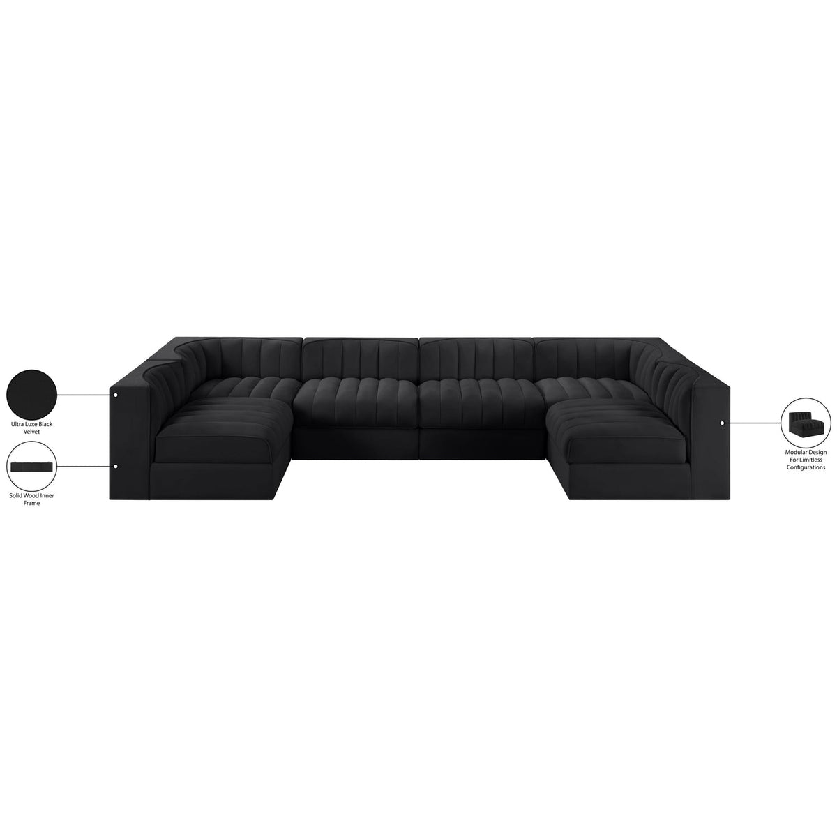 Rummi Black Velvet Performance Fabric Upholstered 6 Piece Modular Sectional Sofa
