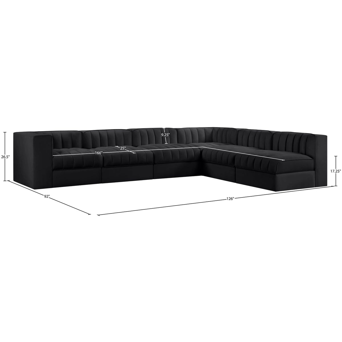 Rummi Black Velvet Performance Fabric Upholstered 6 Piece Modular Sectional Sofa