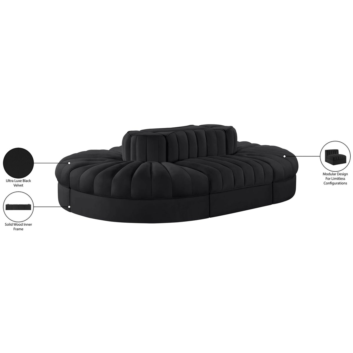 Rummi Black Velvet Performance Fabric Upholstered 6 Piece Modular Sectional Sofa
