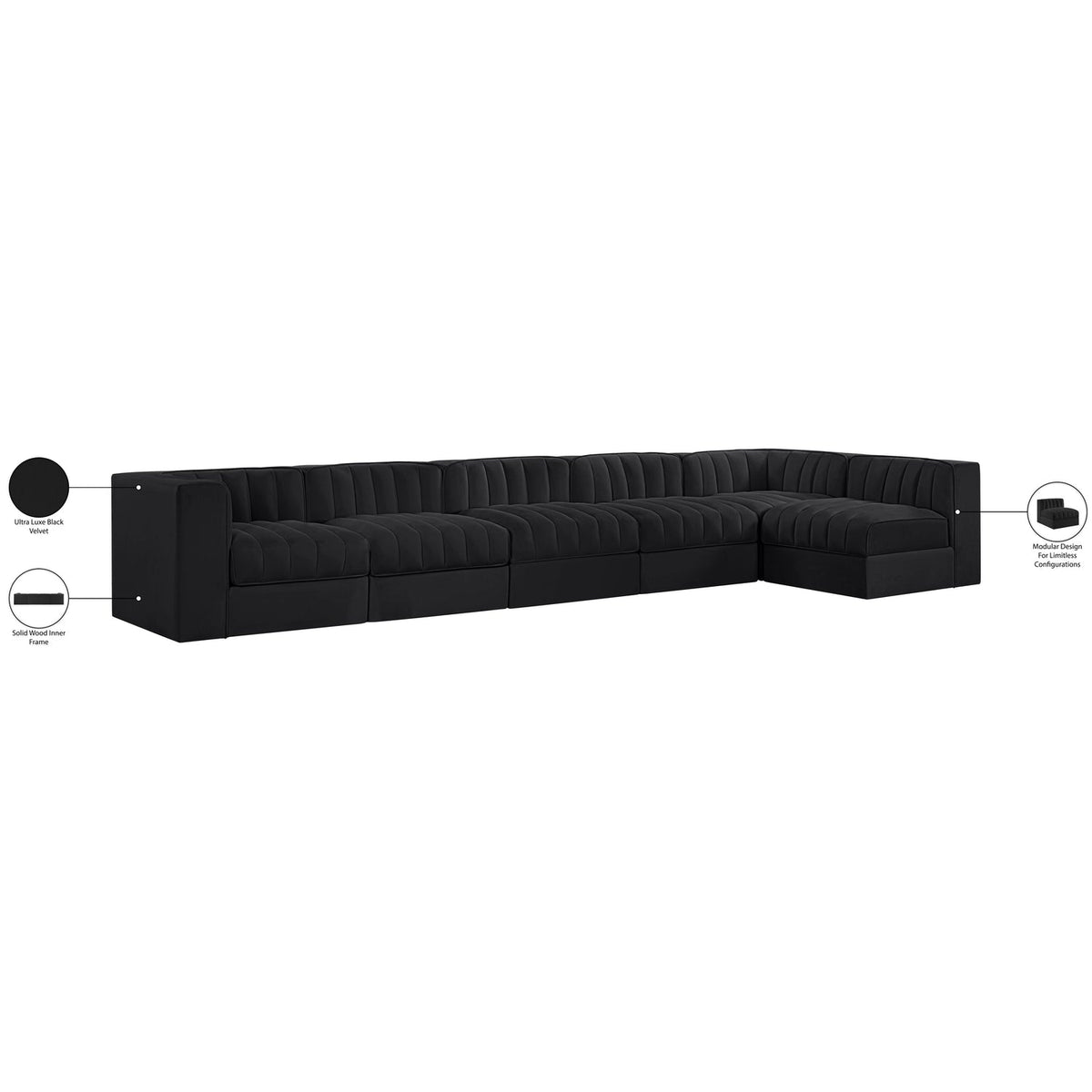 Rummi Black Velvet Performance Fabric Upholstered 6 Piece Modular Sectional Sofa