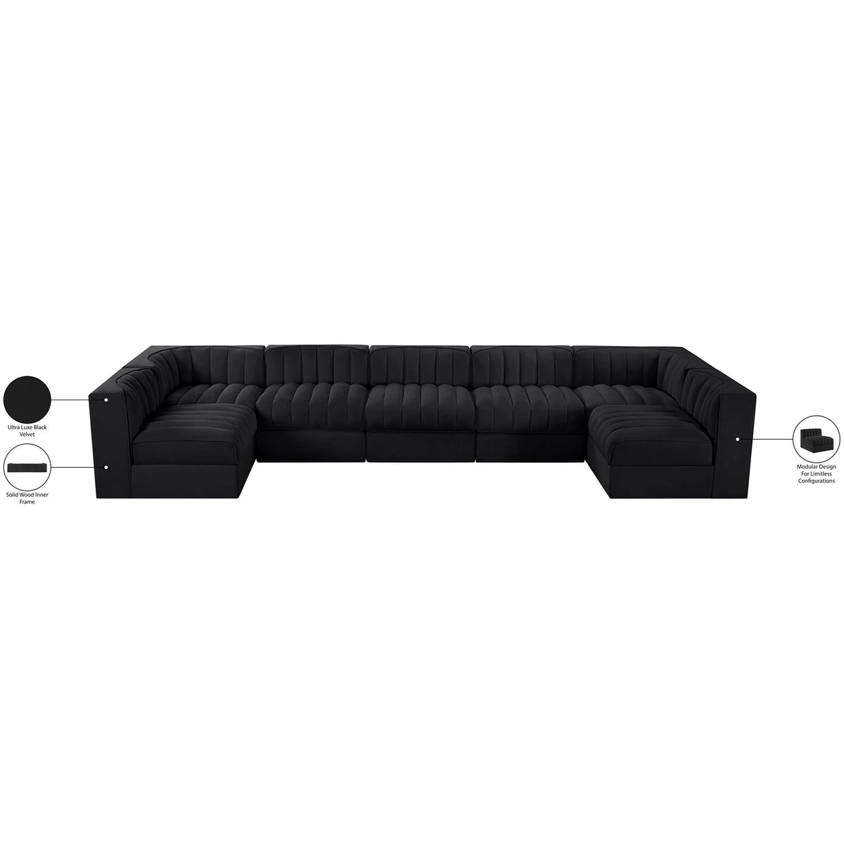 Rummi Black Velvet Performance Fabric Upholstered 7 Piece Modular Sectional Sofa