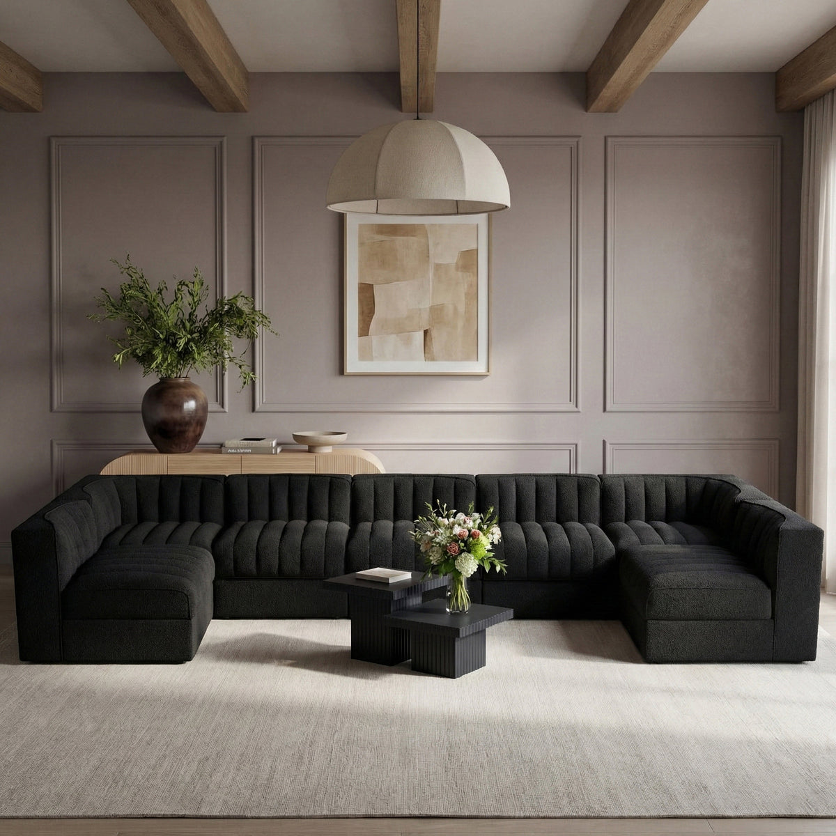 Rummi Black Velvet Performance Fabric Upholstered 7 Piece Modular Sectional Sofa