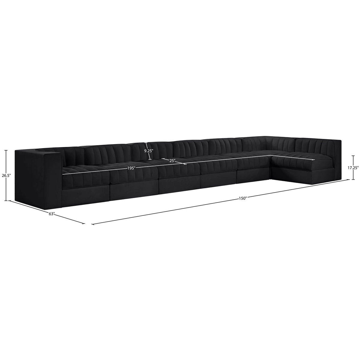 Rummi Black Velvet Performance Fabric Upholstered 7 Piece Modular Sectional Sofa