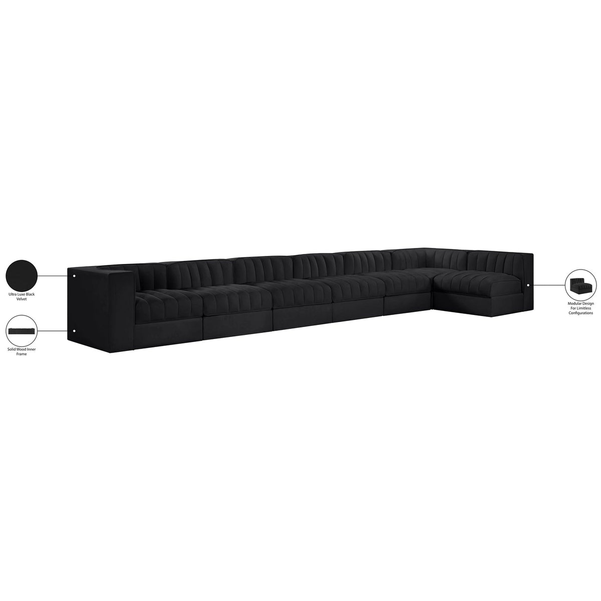 Rummi Black Velvet Performance Fabric Upholstered 7 Piece Modular Sectional Sofa