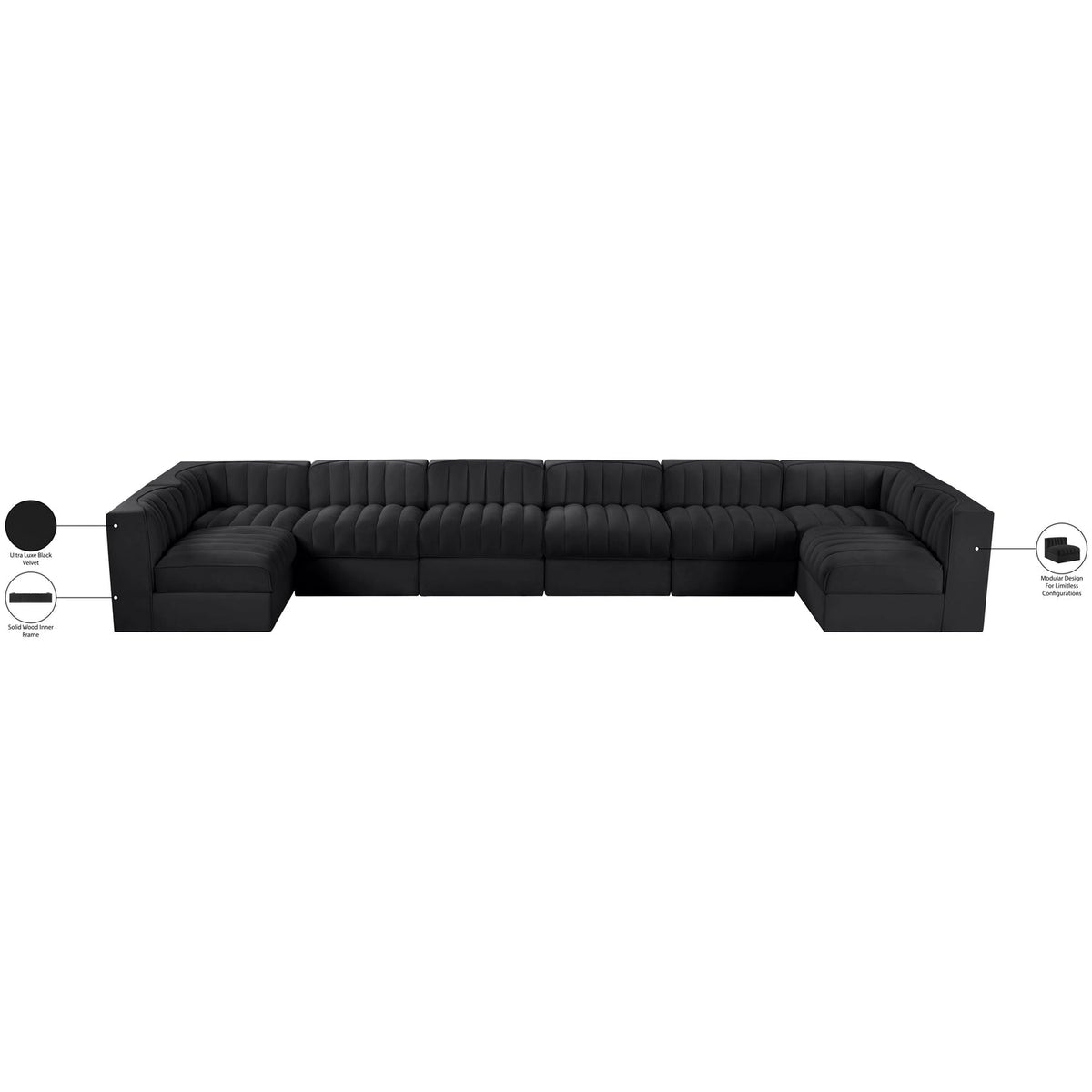 Rummi Black Velvet Performance Fabric Upholstered 8 Piece Modular Sectional Sofa