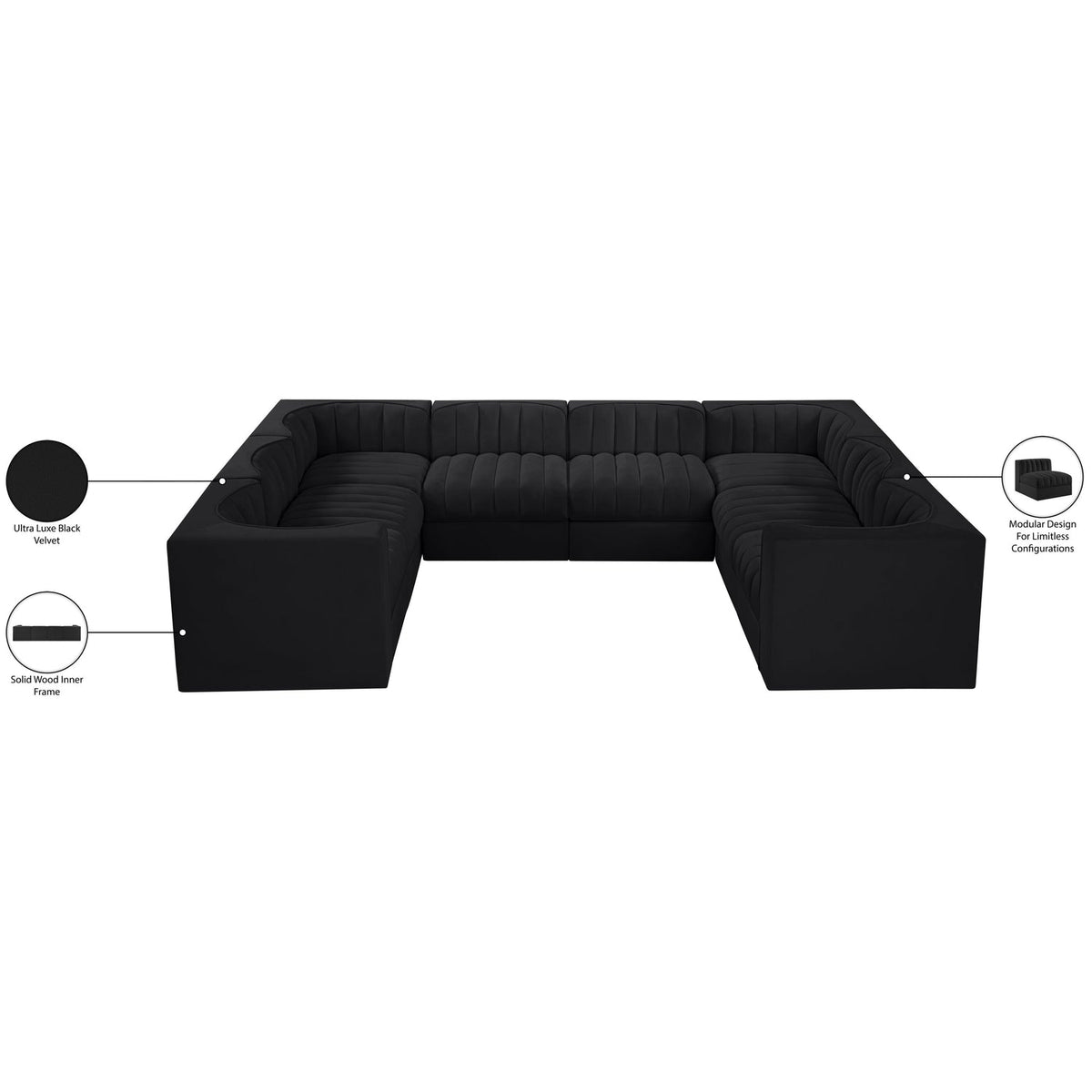 Rummi Black Velvet Performance Fabric Upholstered Modular Sectional Sofa