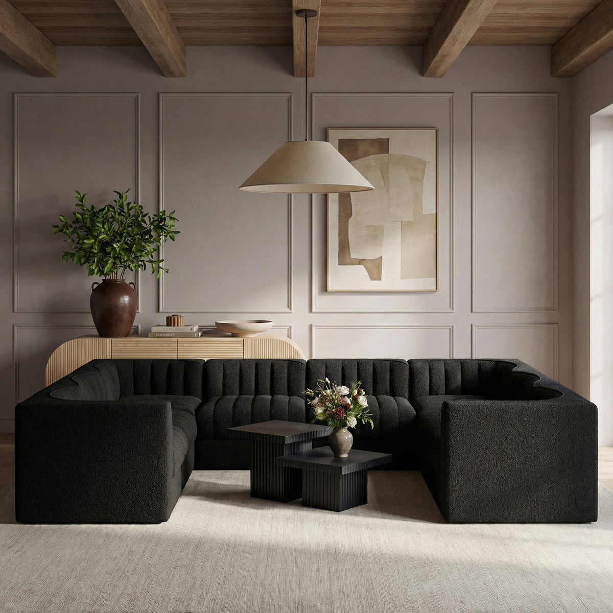 Rummi Black Velvet Performance Fabric Upholstered Modular Sectional Sofa