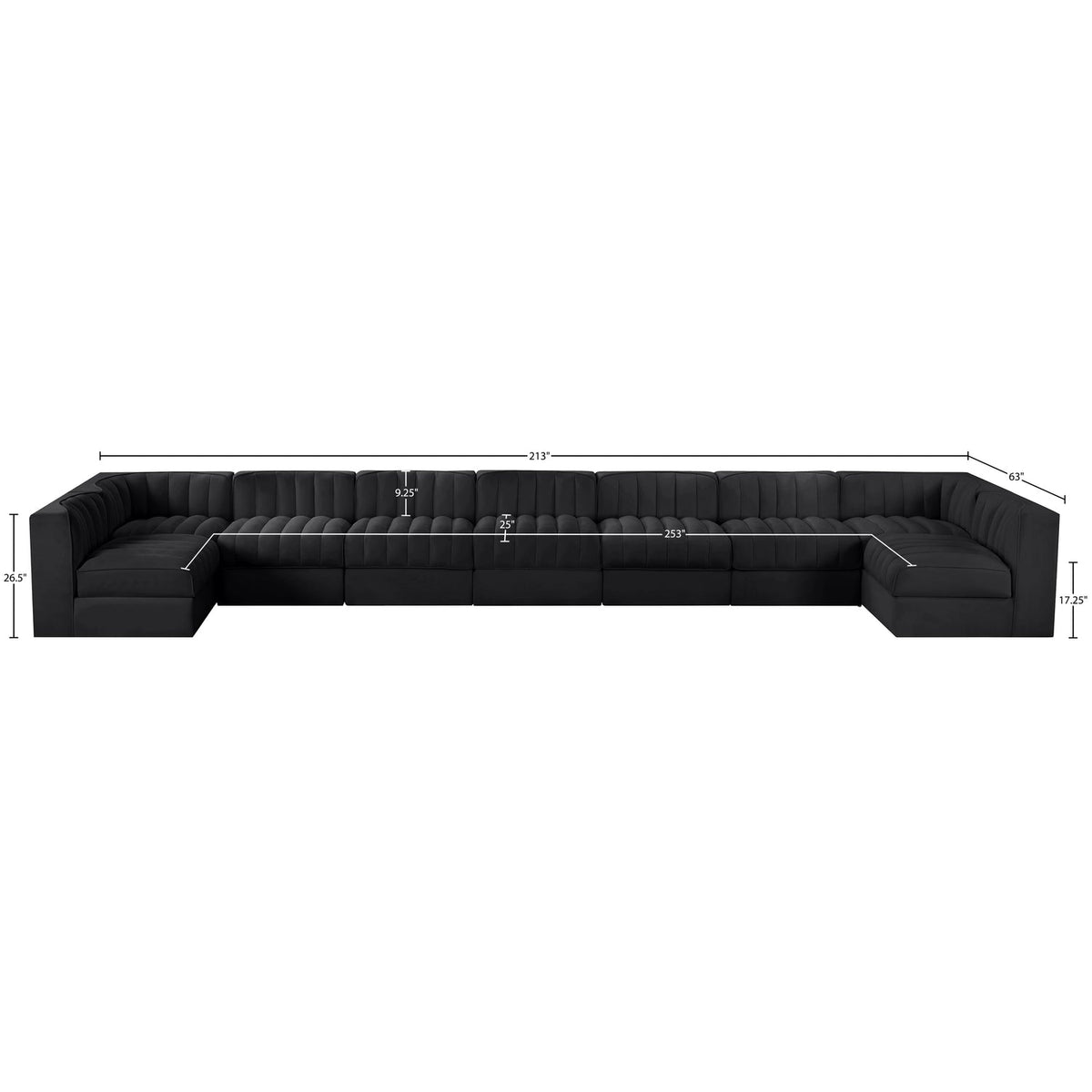 Rummi Black Velvet Performance Fabric Upholstered 9 Piece Modular Sectional Sofa