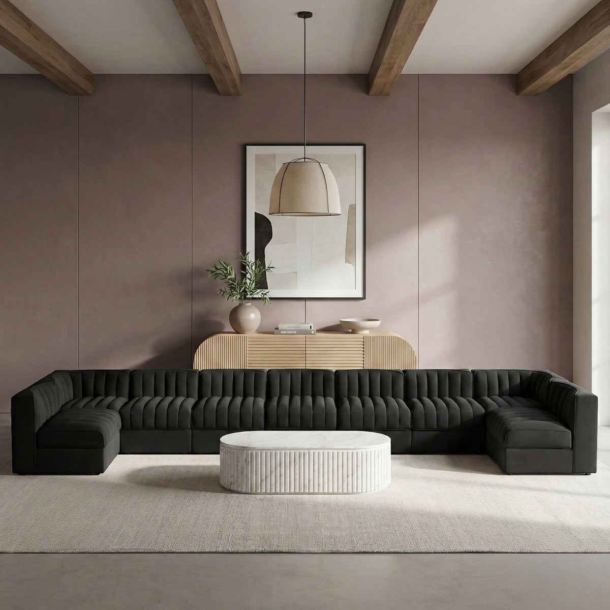 Rummi Black Velvet Performance Fabric Upholstered 9 Piece Modular Sectional Sofa