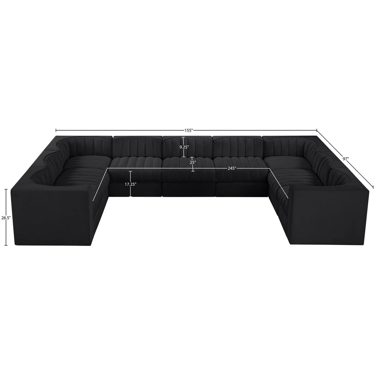Rummi Black Velvet Performance Fabric Upholstered 9 Piece Modular Sectional Sofa