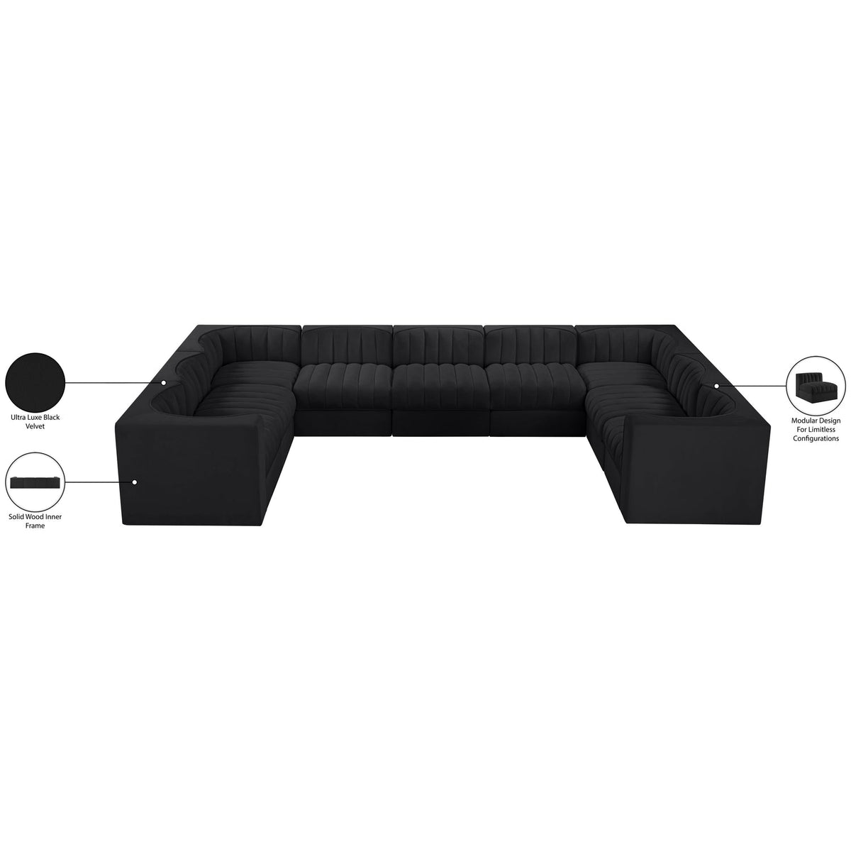 Rummi Black Velvet Performance Fabric Upholstered 9 Piece Modular Sectional Sofa