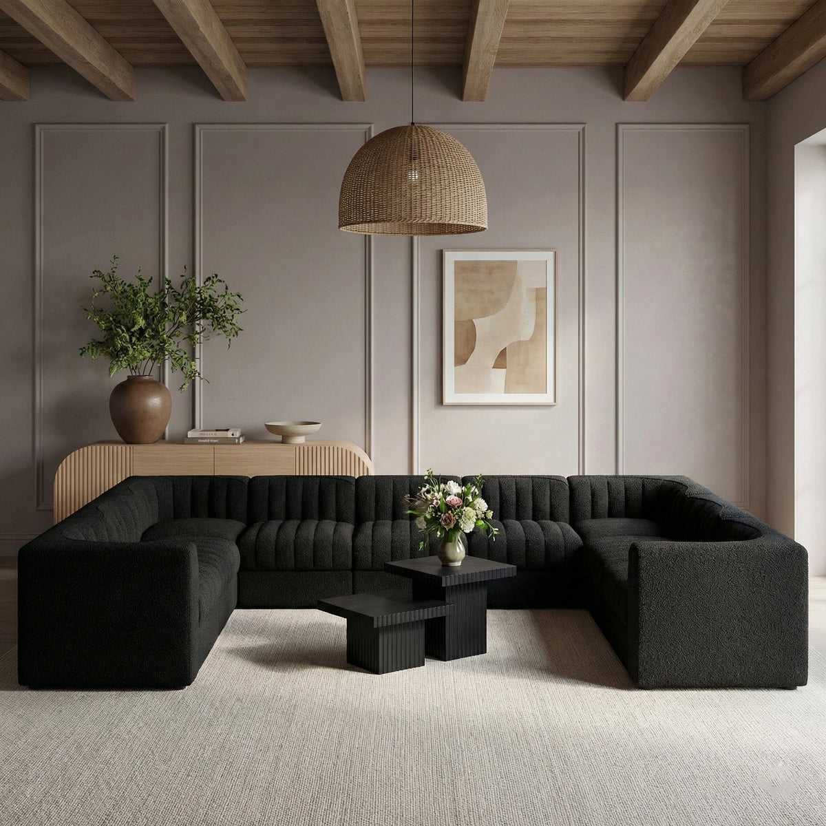 Rummi Black Velvet Performance Fabric Upholstered 9 Piece Modular Sectional Sofa