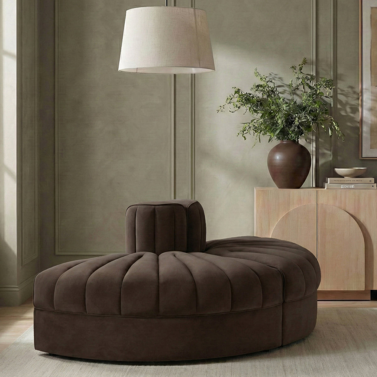 Rummi Brown Velvet Performance Fabric Upholstered 2Piece. Modular Sofa
