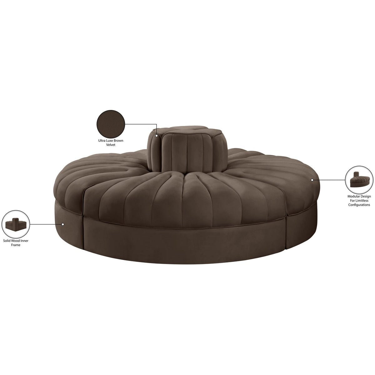 Rummi Brown Velvet Performance Fabric Upholstered 4 Piece Modular Sofa