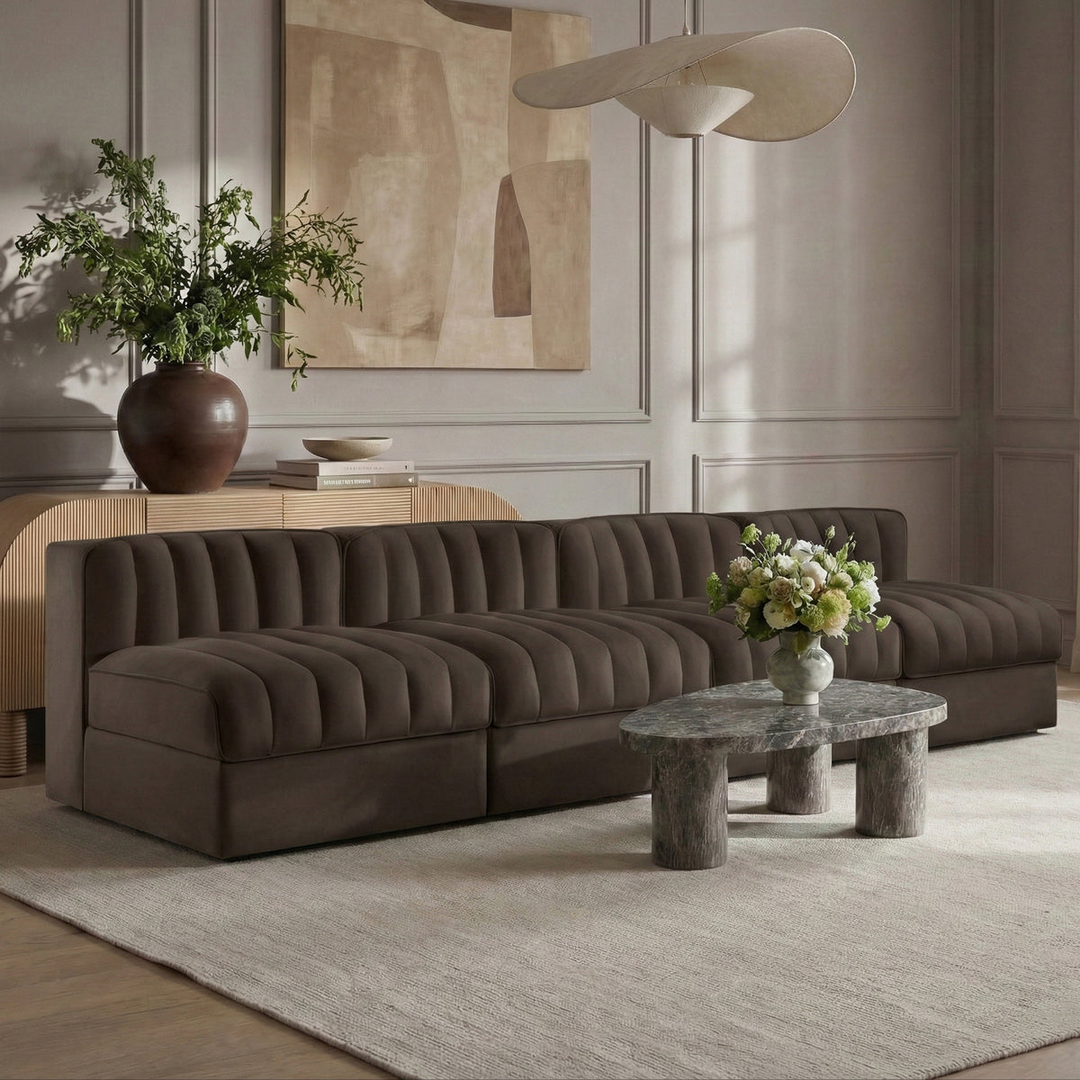 Rummi Brown Velvet Performance Fabric Upholstered 4 Piece. Modular Sofa