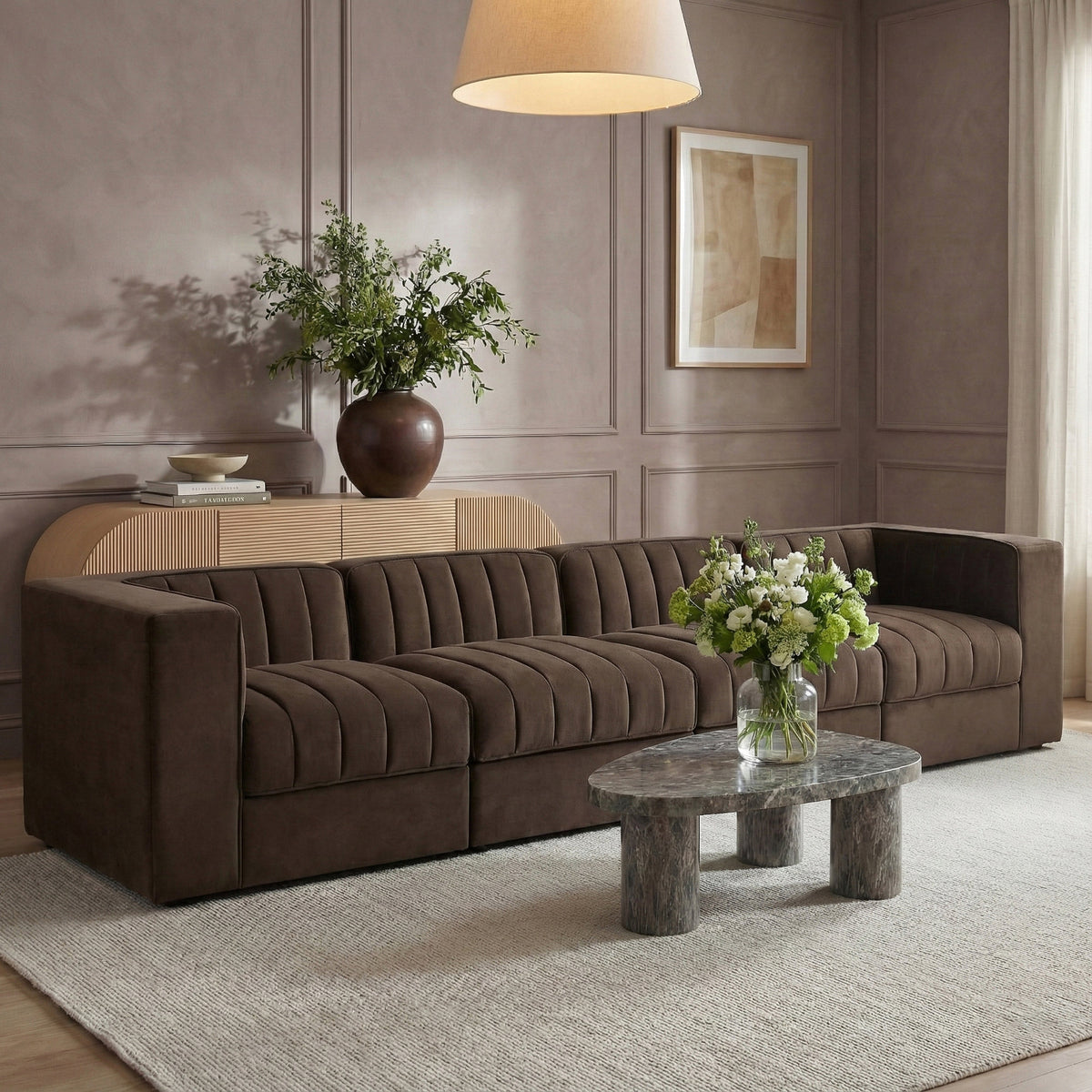 Rummi Brown Velvet Performance Fabric Upholstered 4 Piece. Modular Sofa