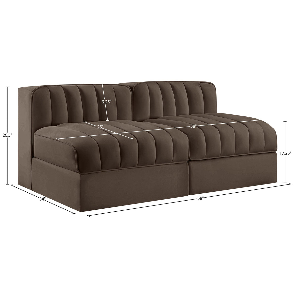 Rummi Brown Velvet Performance Fabric Upholstered 2 Piece Modular Loveseat