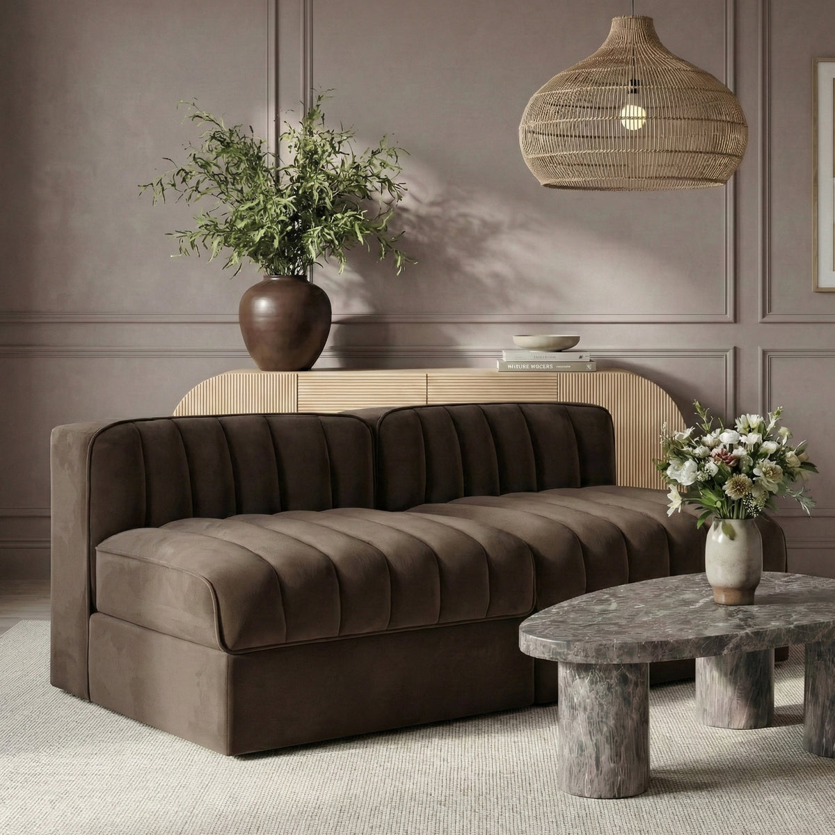 Rummi Brown Velvet Performance Fabric Upholstered 2 Piece Modular Loveseat