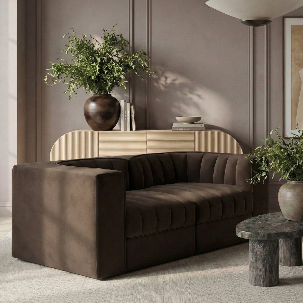 Rummi Brown Velvet Performance Fabric Upholstered 2Piece Modular Loveseat