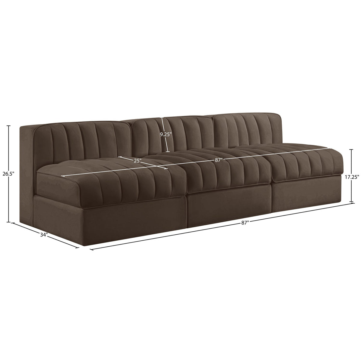 Rummi Brown Velvet Performance Fabric Upholstered 3 Piece Modular Sofa