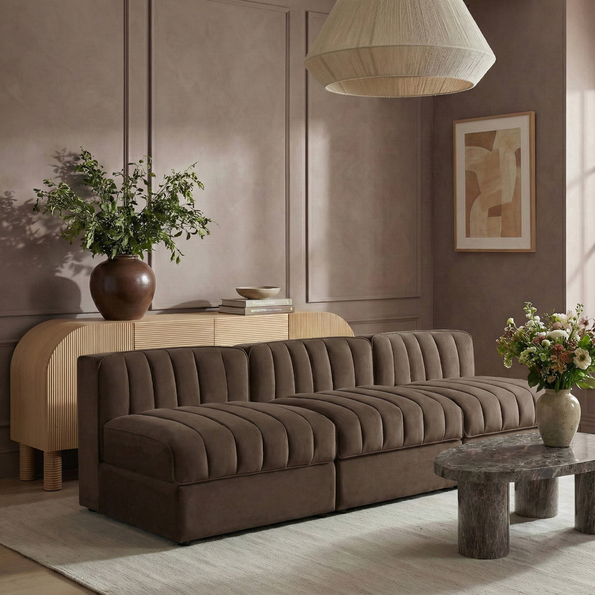Rummi Brown Velvet Performance Fabric Upholstered 3 Piece. Modular Sofa