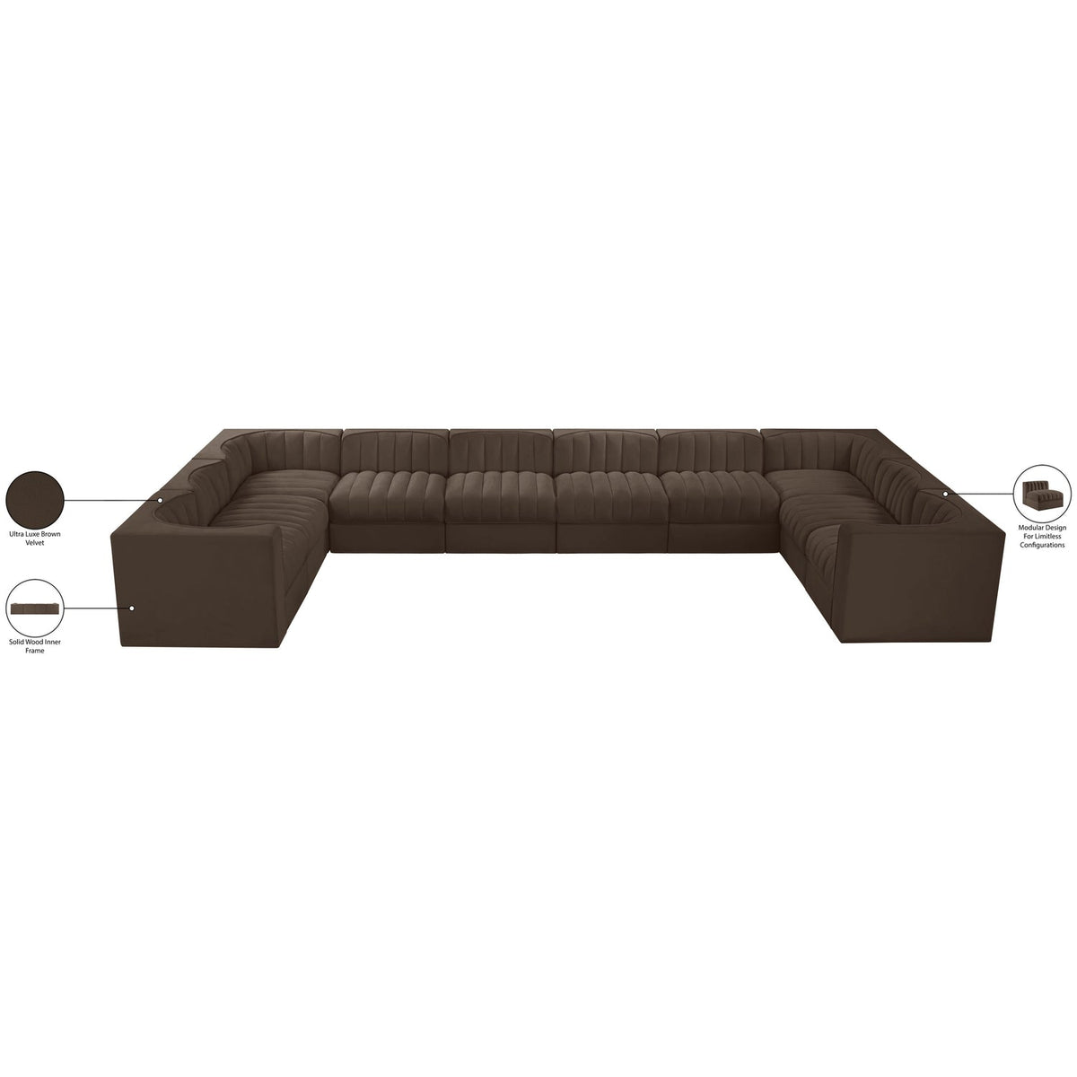 Rummi Brown Velvet Performance Fabric Upholstered 10 Piece Modular Sectional Sofa