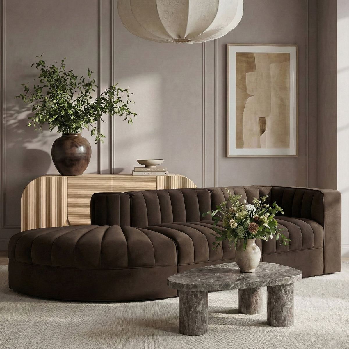 Rummi Brown Velvet Performance Fabric Upholstered 3 Piece Modular Sectional Sofa