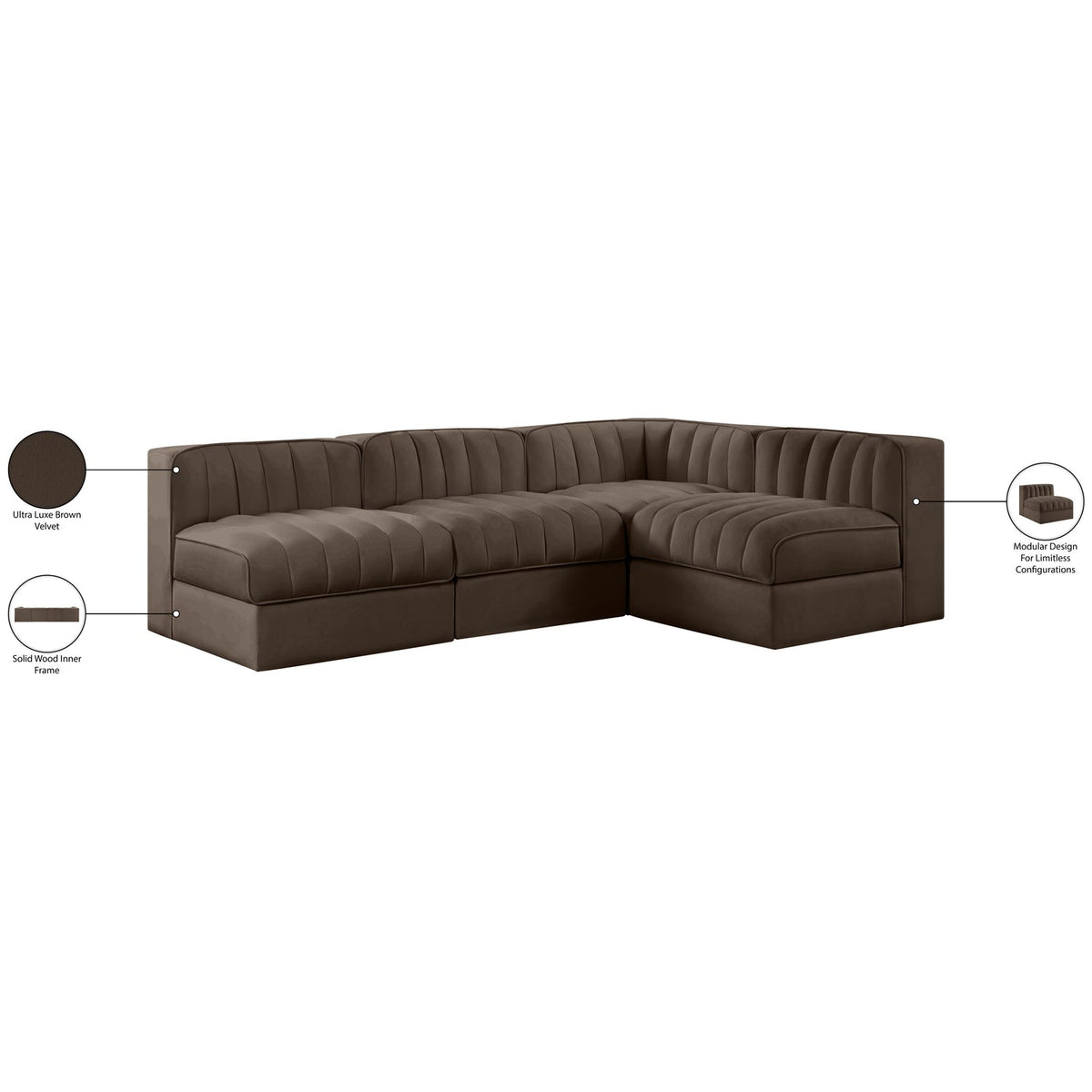 Rummi Brown Velvet Performance Fabric Upholstered 4 Piece Modular Sectional Sofa