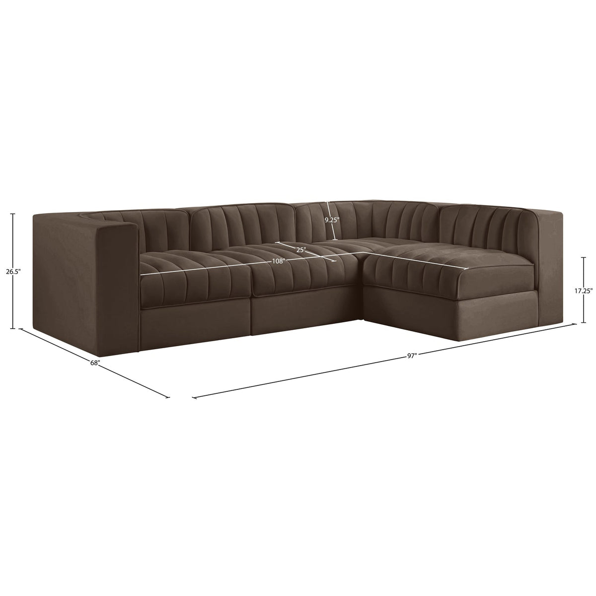 Rummi Brown Velvet Performance Fabric Upholstered 4 Piece Modular Sectional Sofa
