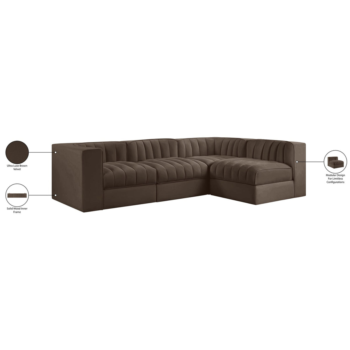 Rummi Brown Velvet Performance Fabric Upholstered 4 Piece Modular Sectional Sofa