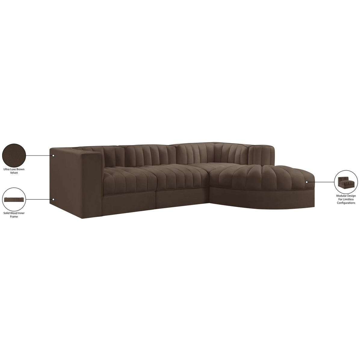 Rummi Brown Velvet Performance Fabric Upholstered 4 Piece Modular Sectional Sofa