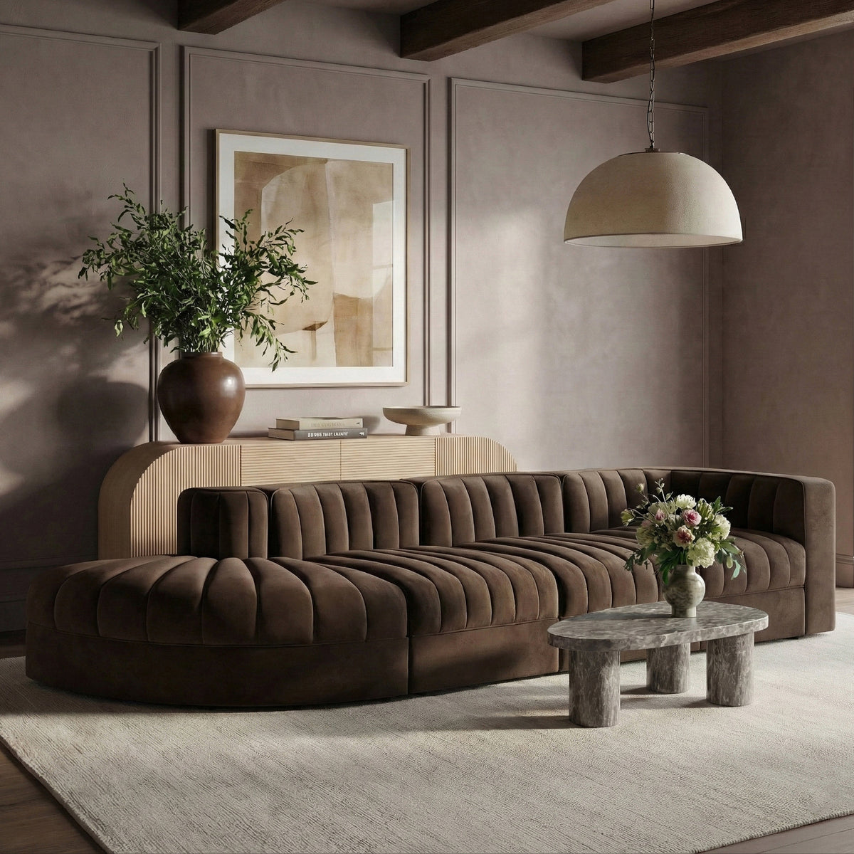 Rummi Brown Velvet Performance Fabric Upholstered 4 Piece Modular Sectional Sofa