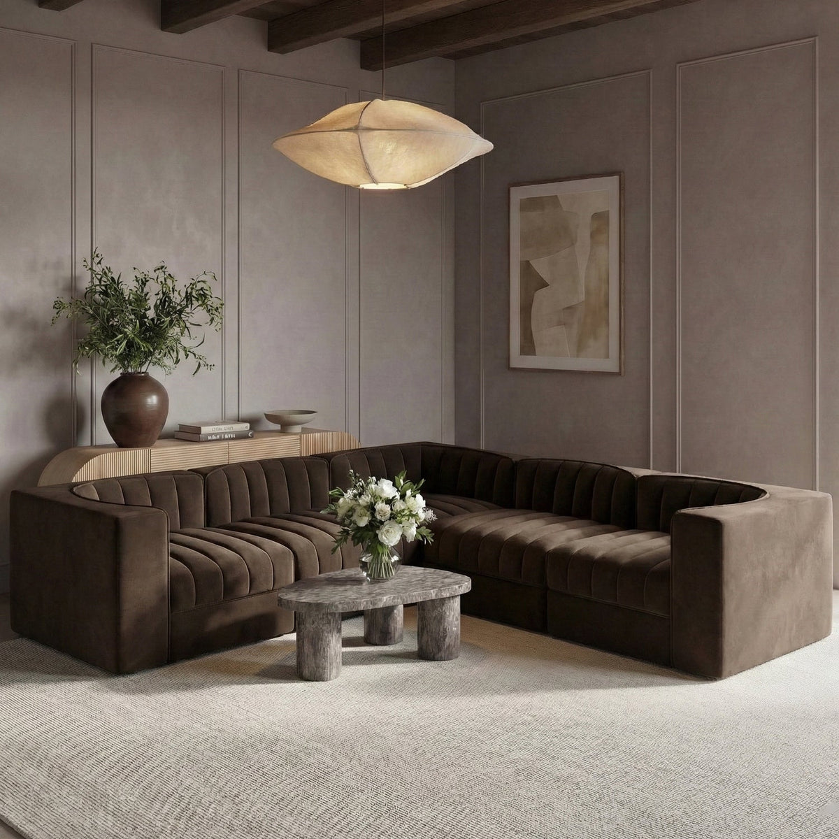 Rummi Brown Velvet Performance Fabric Upholstered 5 Piece Modular Sectional Sofa