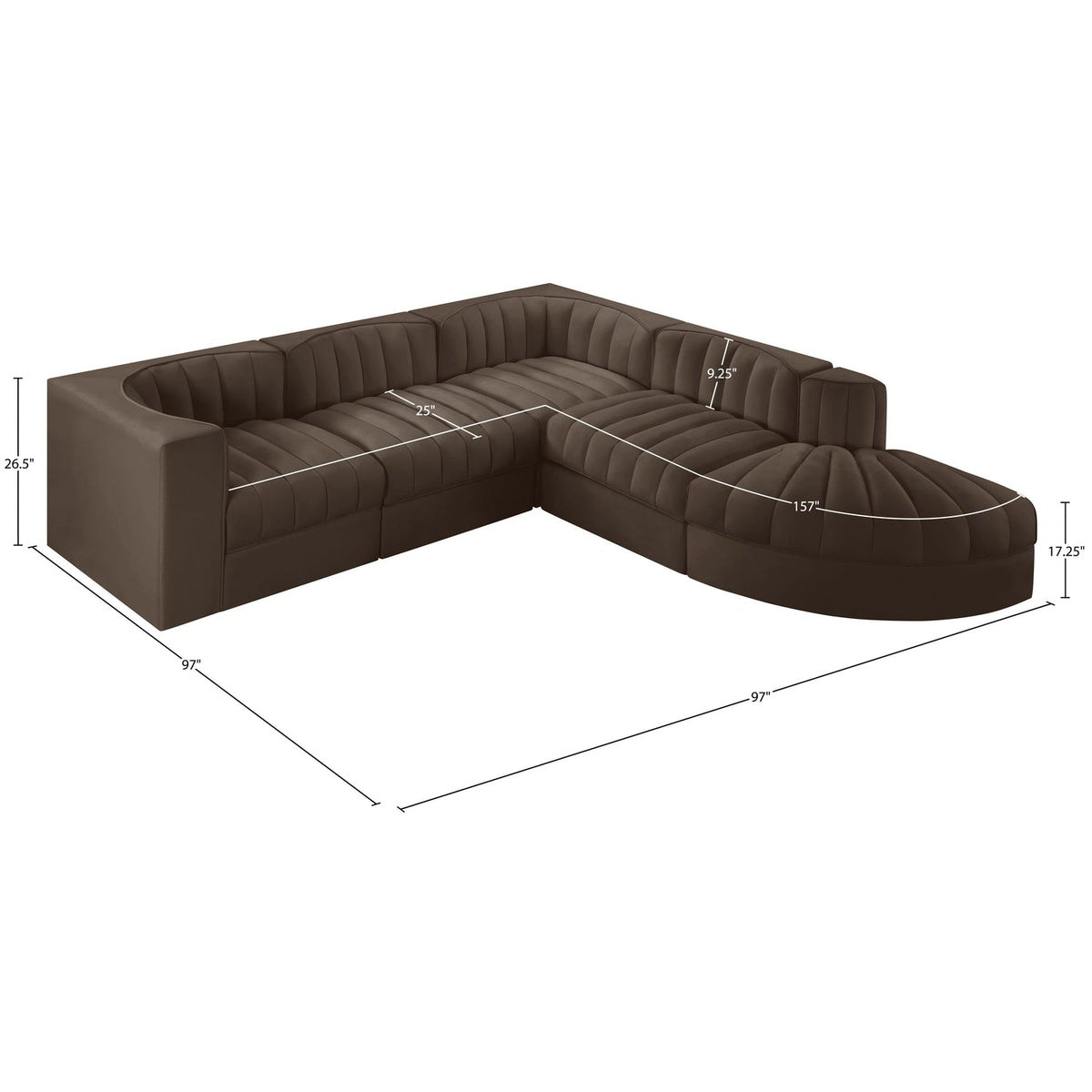 Rummi Brown Velvet Performance Fabric Upholstered 5 Piece Modular Sectional Sofa