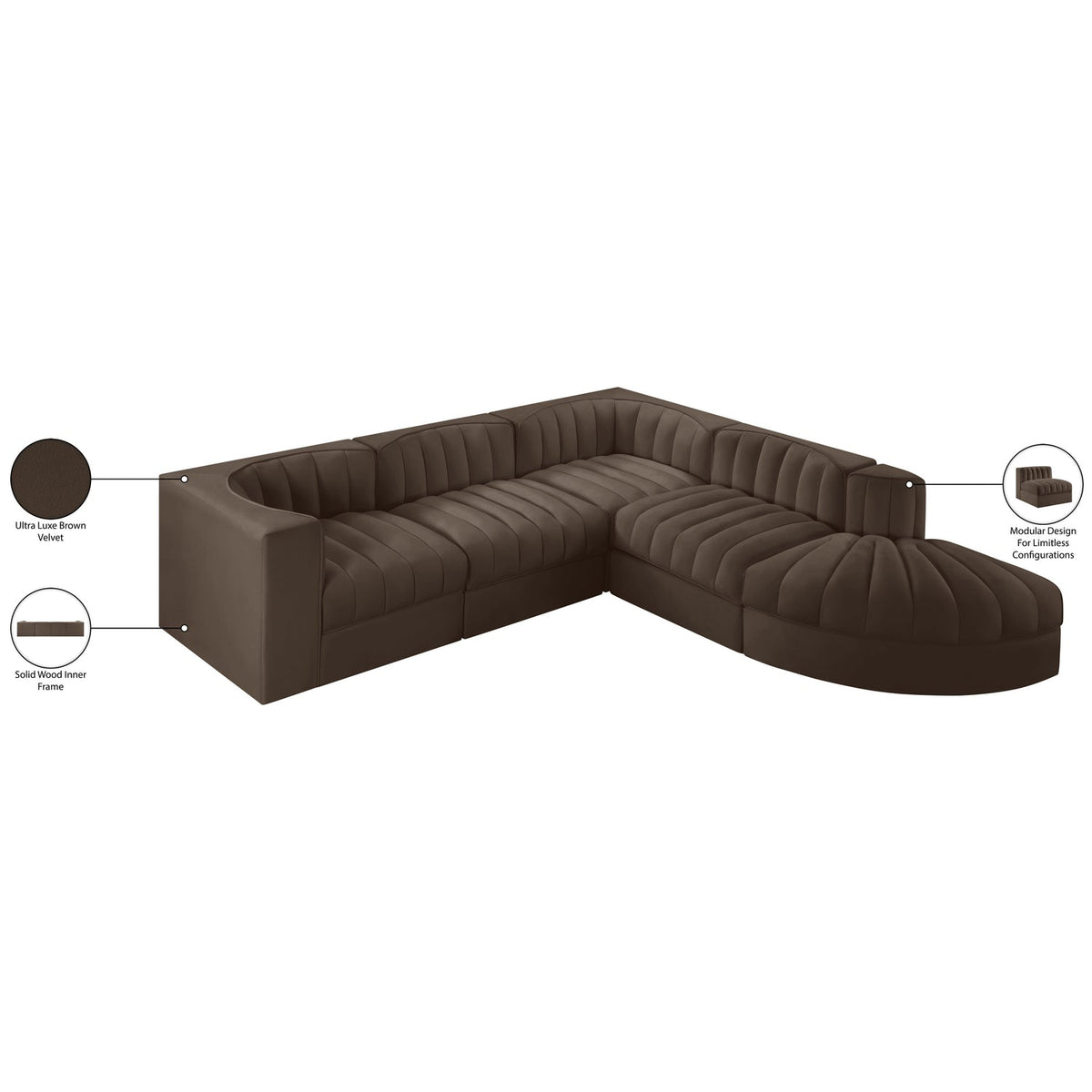Rummi Brown Velvet Performance Fabric Upholstered 5 Piece Modular Sectional Sofa