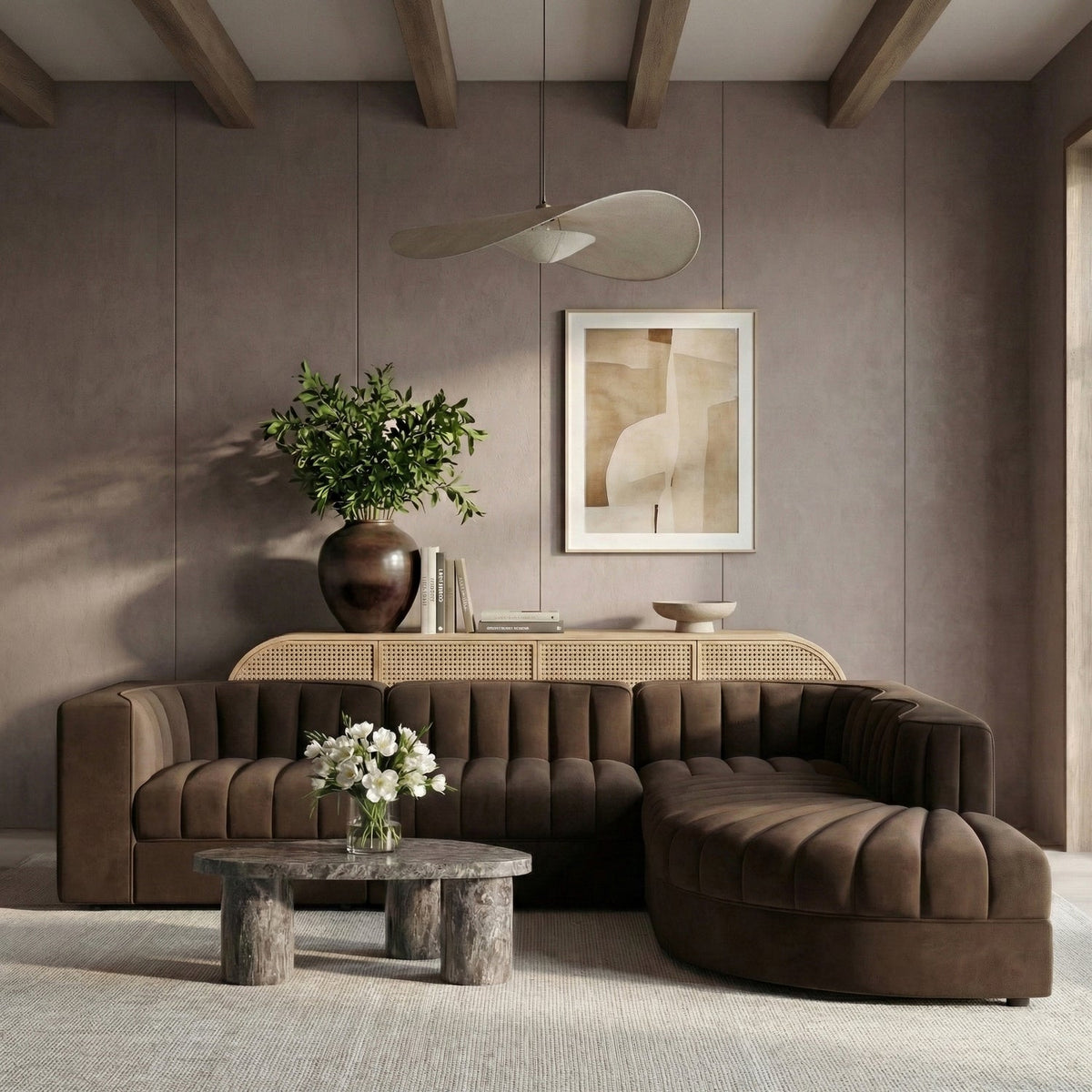 Rummi Brown Velvet Performance Fabric Upholstered 5 Piece Modular Sectional Sofa